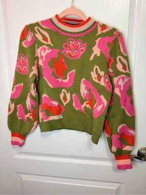 THML Olive Green Floral Crewneck Sweater with Pink & Coral Accents